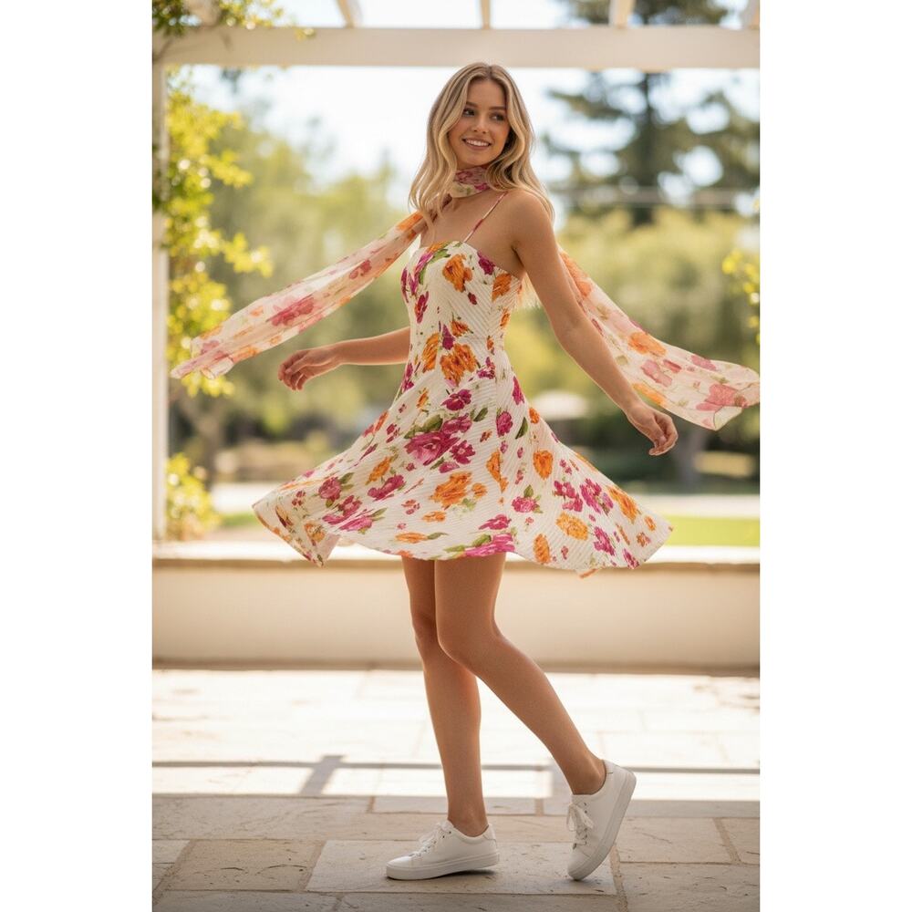 Flores & Flores Retro SIlk Floral Party Dress with Sheer Matching Sash/Scarf